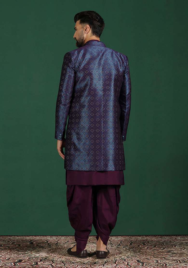 Navy Blue Embroidery Jacquard Indowestern Dhoti Set - Indya