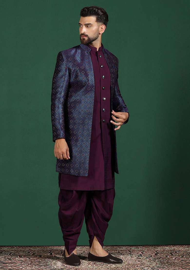 Navy Blue Embroidery Jacquard Indowestern Dhoti Set - Indya