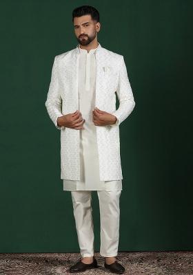 White Embroidery Cotton Blend Kurta Sherwani Pyjama Set For Men
