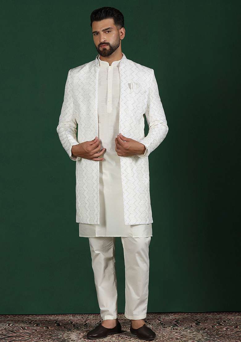 White Embroidery Cotton Blend Kurta Sherwani Pyjama Set For Men - Indya