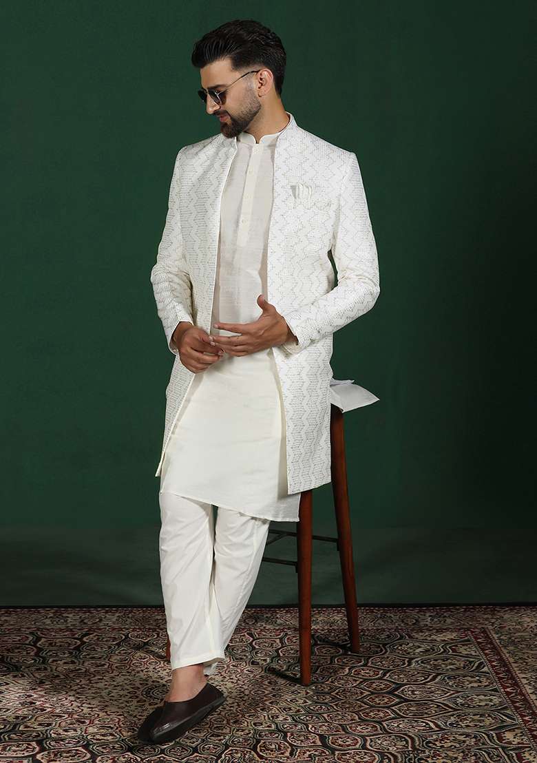 White Embroidery Cotton Blend Kurta Sherwani Pyjama Set For Men - Indya