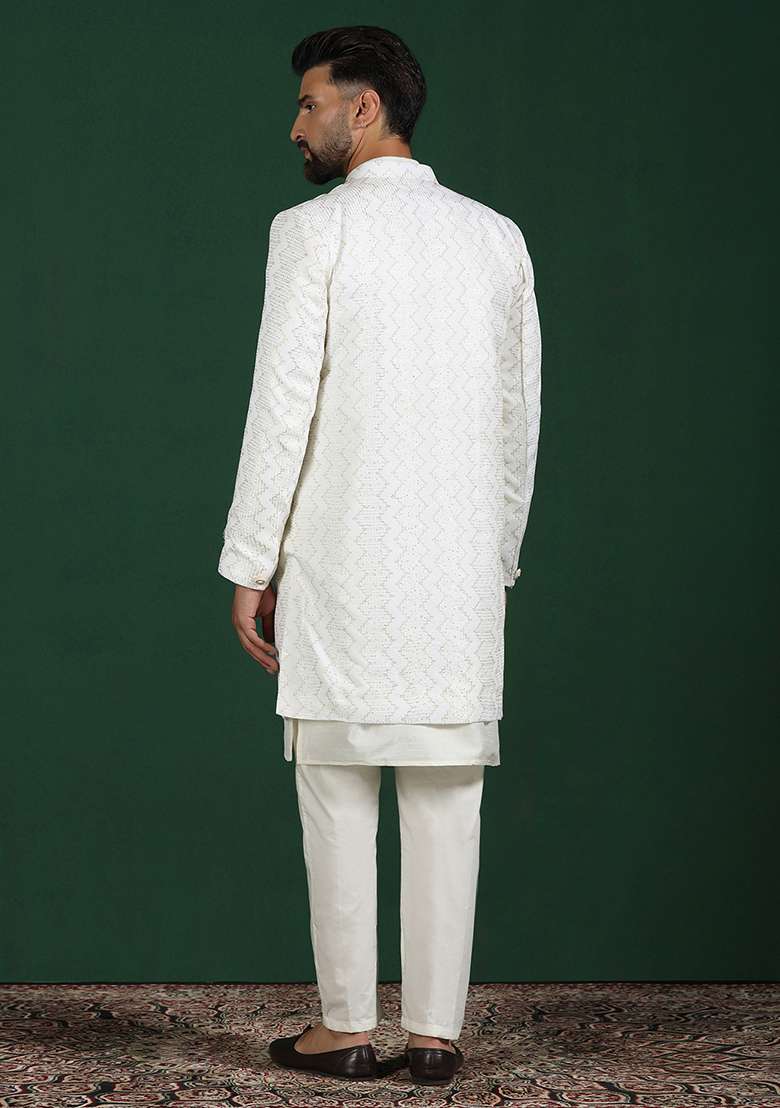White Embroidery Cotton Blend Kurta Sherwani Pyjama Set For Men - Indya