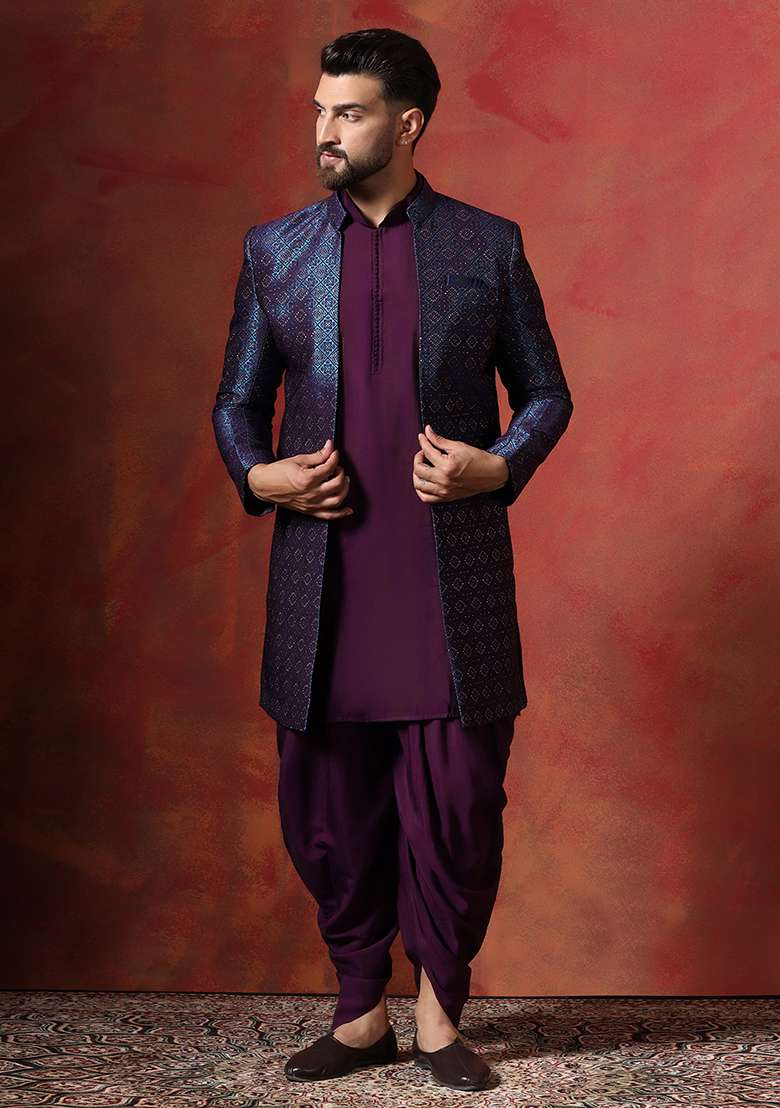 Navy Blue Embroidery Jacquard Kurta Sherwani Dhoti Set For Men - Indya