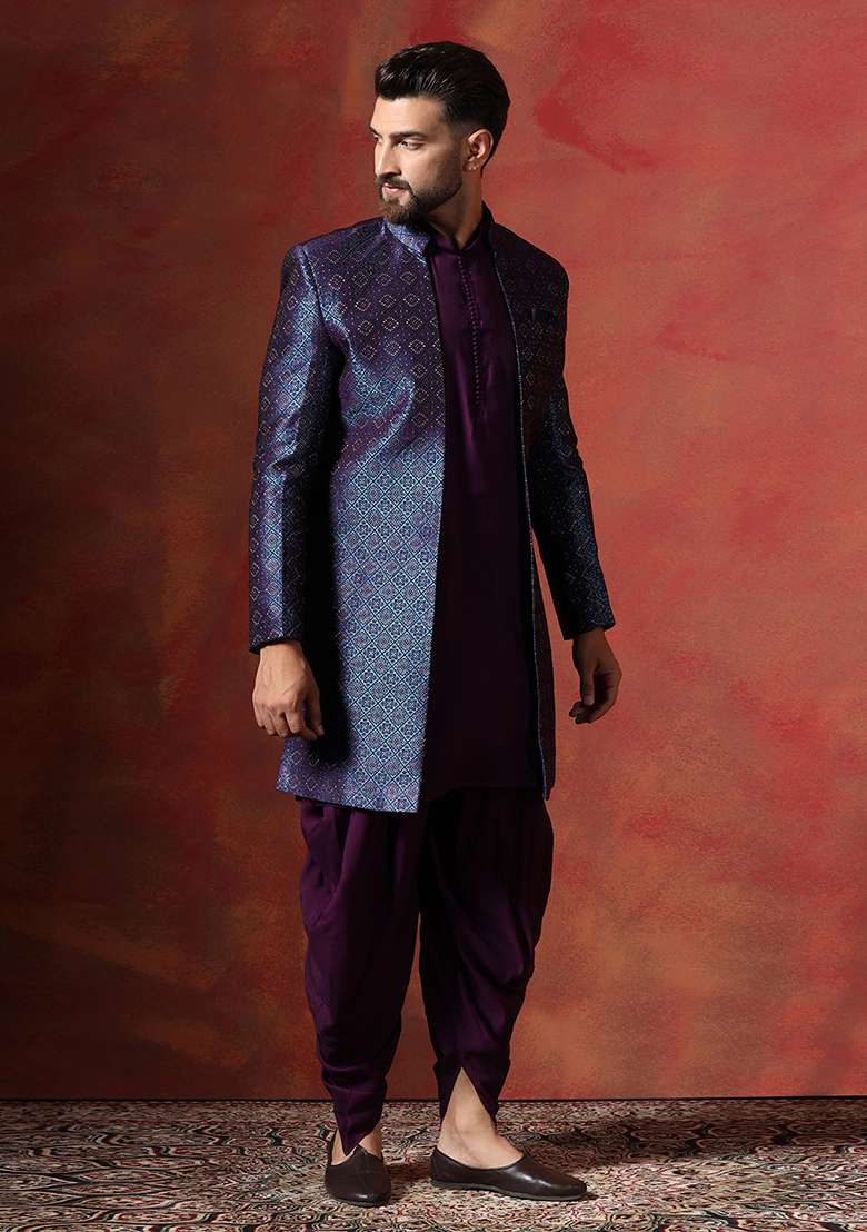 Navy Blue Embroidery Jacquard Kurta Sherwani Dhoti Set For Men - Indya