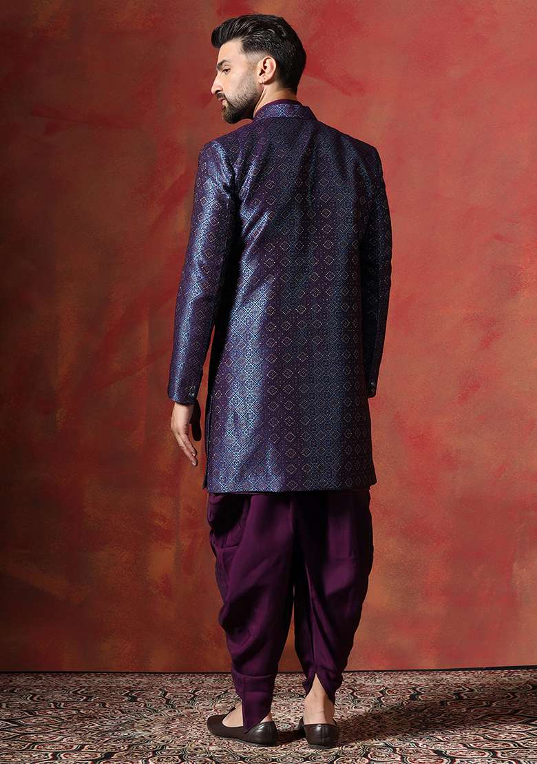 Navy Blue Embroidery Jacquard Kurta Sherwani Dhoti Set For Men - Indya