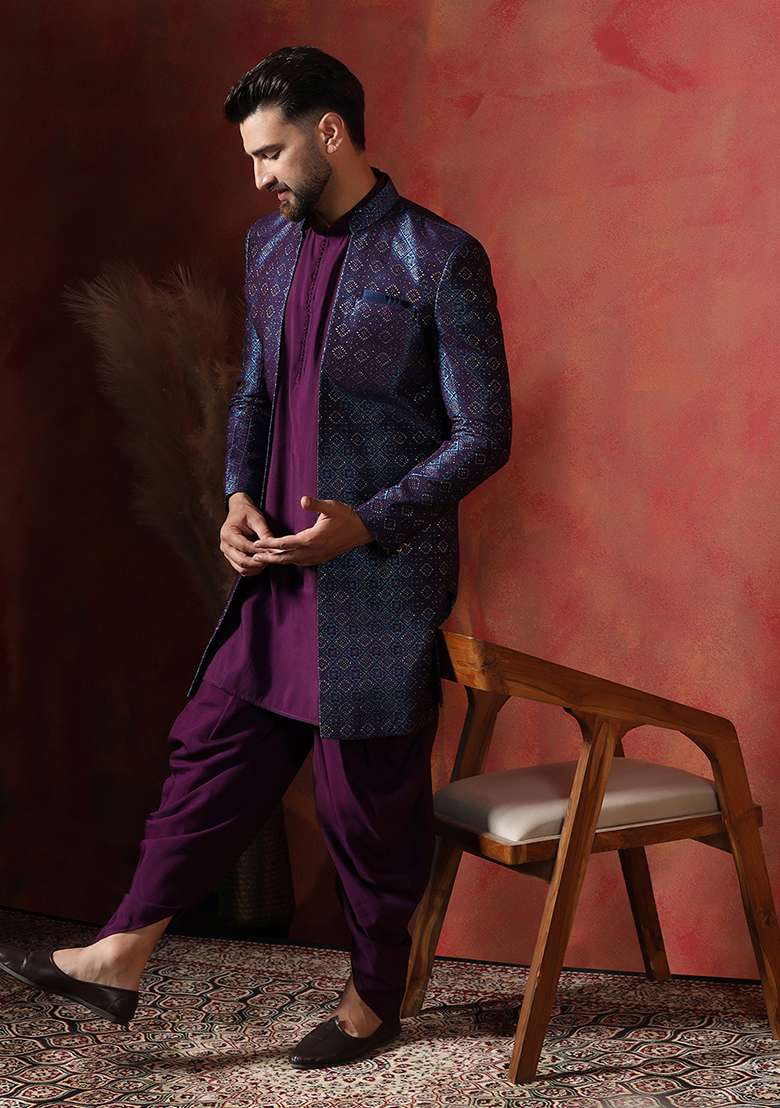 Navy Blue Embroidery Jacquard Kurta Sherwani Dhoti Set For Men - Indya