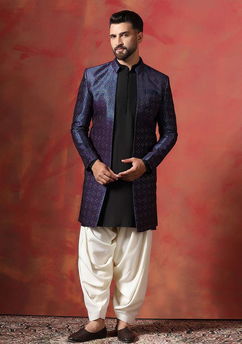 Navy Blue Embroidery Jacquard Kurta Sherwani Patiala Set For Men - Indya