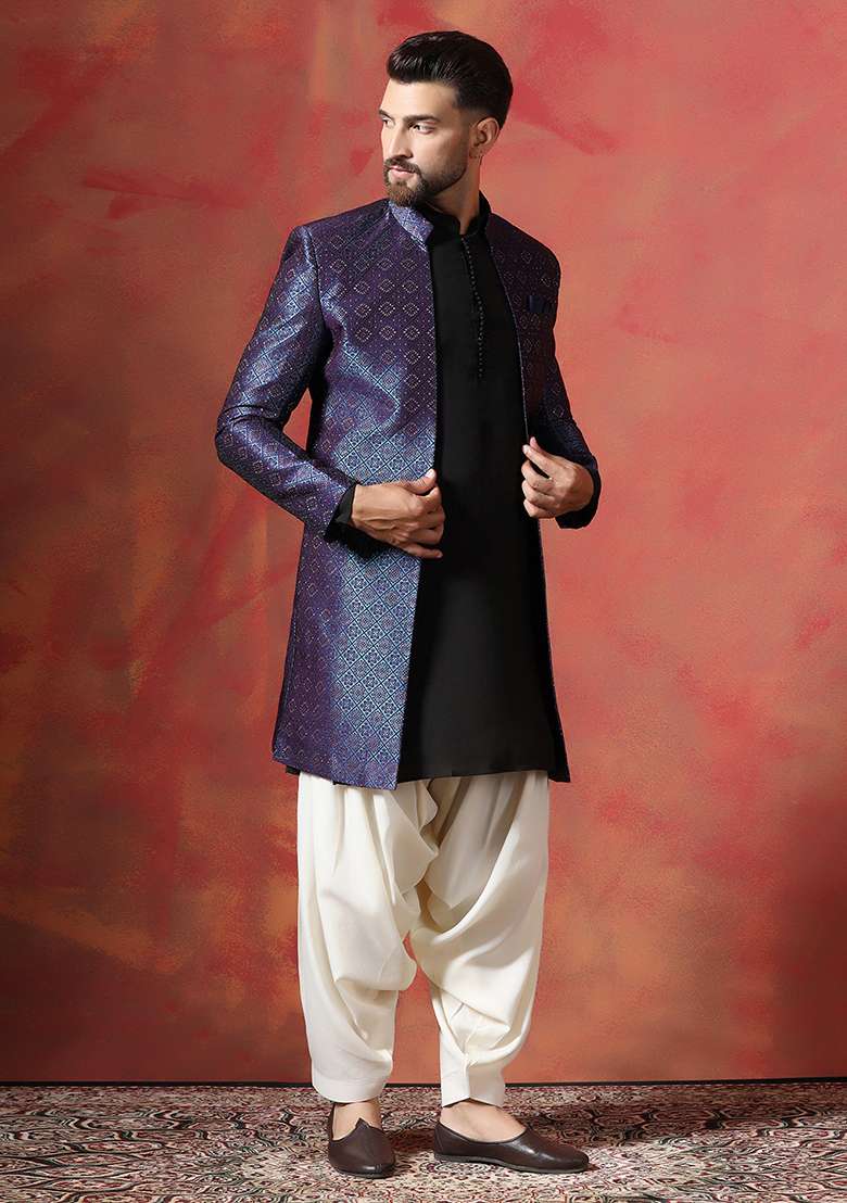 Navy Blue Embroidery Jacquard Kurta Sherwani Patiala Set For Men - Indya