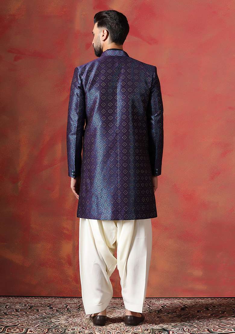 Navy Blue Embroidery Jacquard Kurta Sherwani Patiala Set For Men - Indya