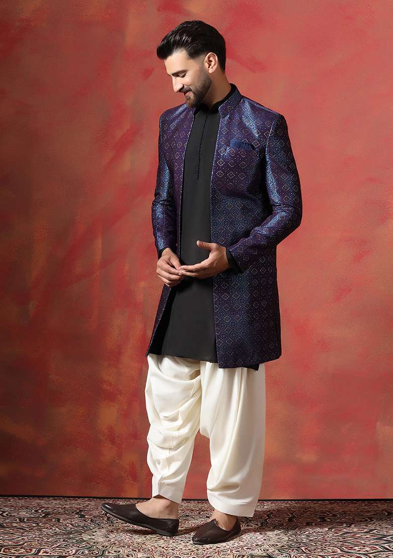 Navy Blue Embroidery Jacquard Kurta Sherwani Patiala Set For Men - Indya