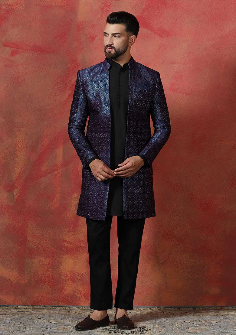 Navy Blue Embroidery Jacquard Kurta Sherwani Pyjama Set For Men - Indya