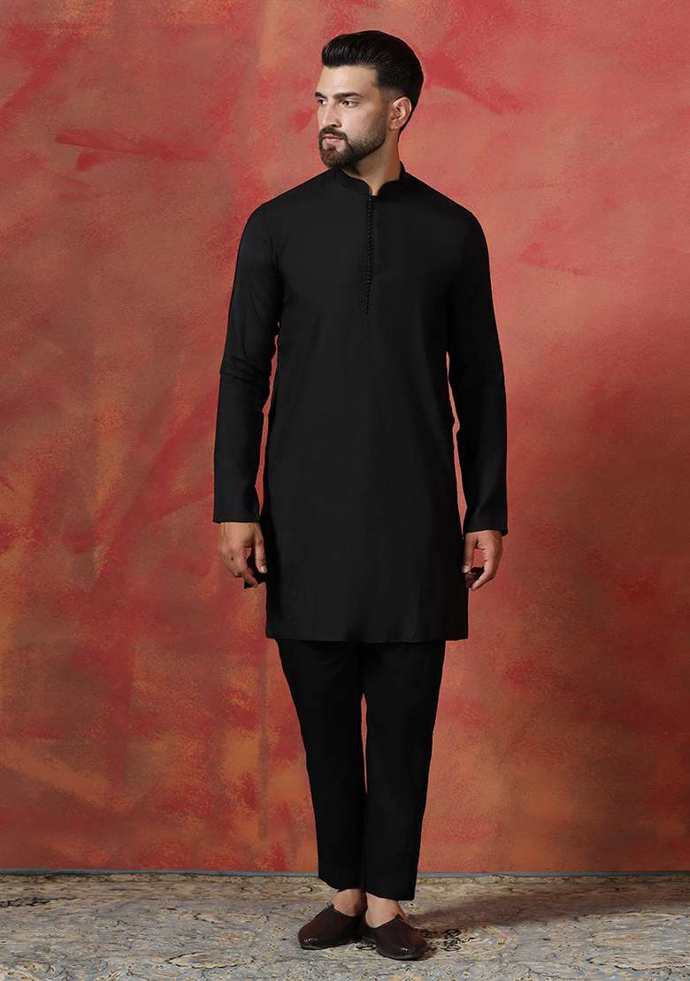 Navy Blue Embroidery Jacquard Kurta Sherwani Pyjama Set For Men - Indya