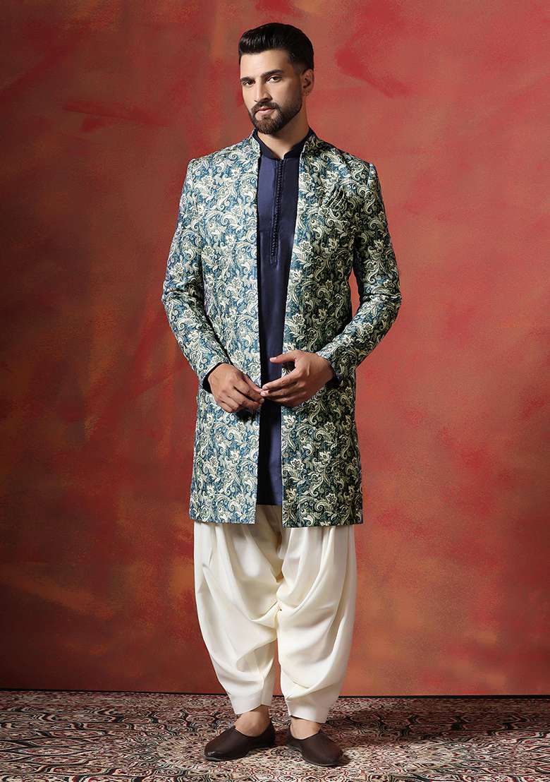 Blue Paisley Cotton Blend Kurta Sherwani Patiala Set For Men - Indya