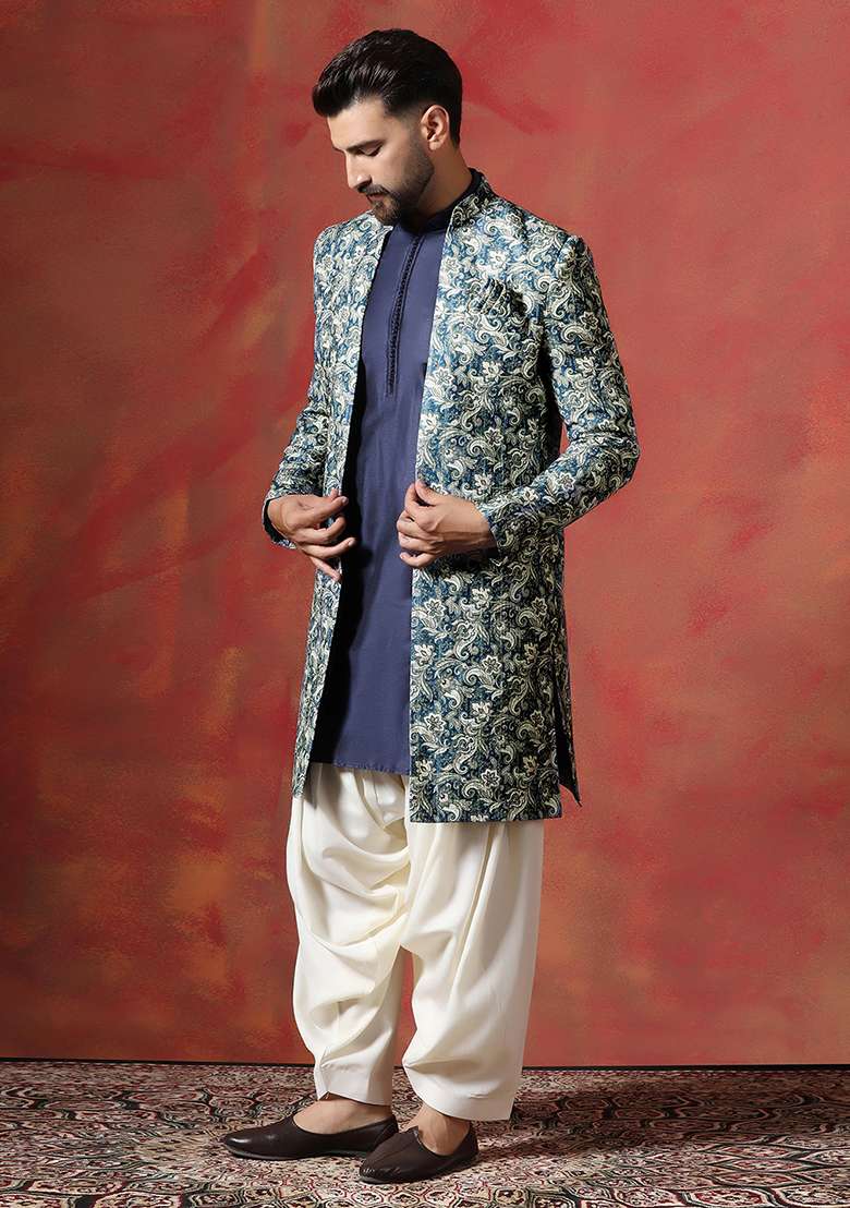 Blue Paisley Cotton Blend Kurta Sherwani Patiala Set For Men - Indya