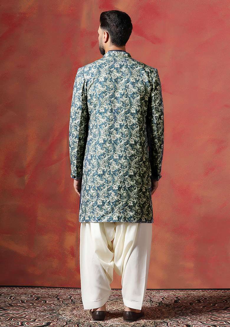 Blue Paisley Cotton Blend Kurta Sherwani Patiala Set For Men - Indya