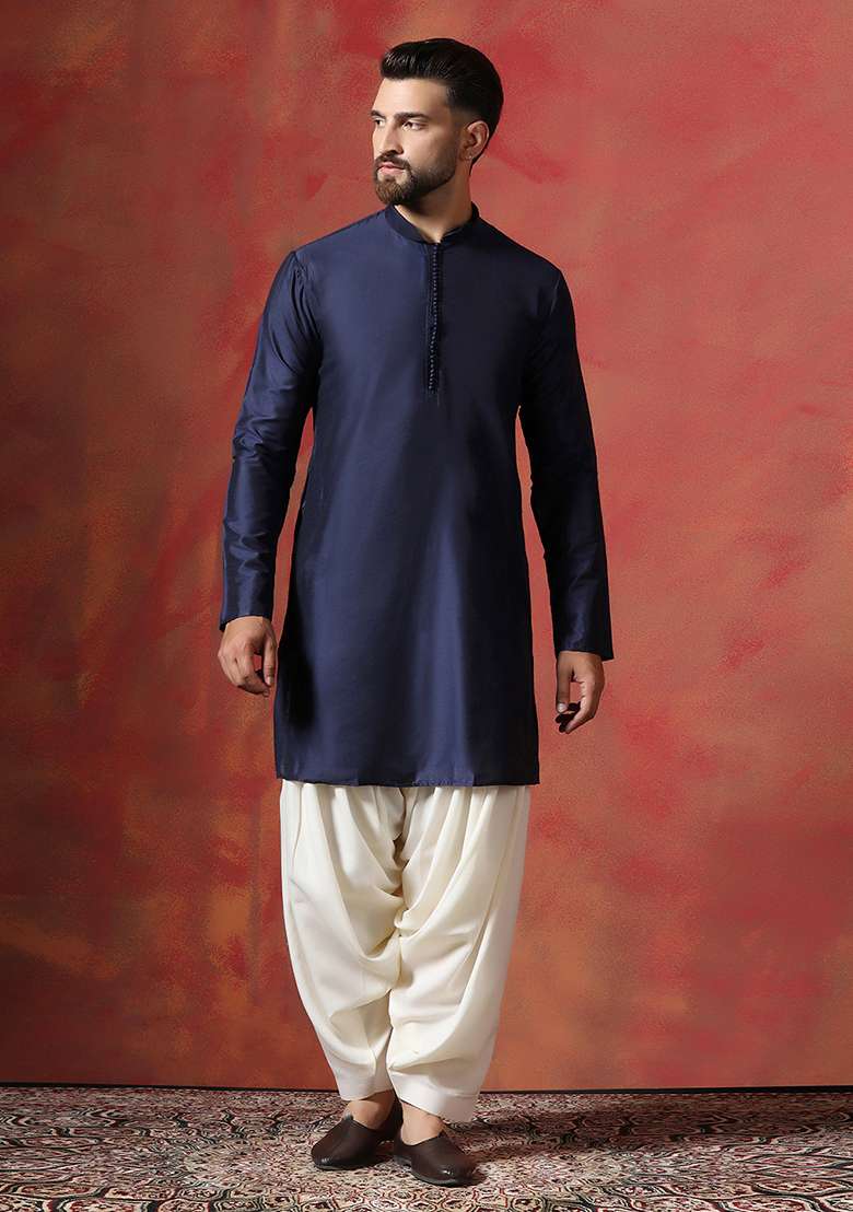 Blue Paisley Cotton Blend Kurta Sherwani Patiala Set For Men - Indya