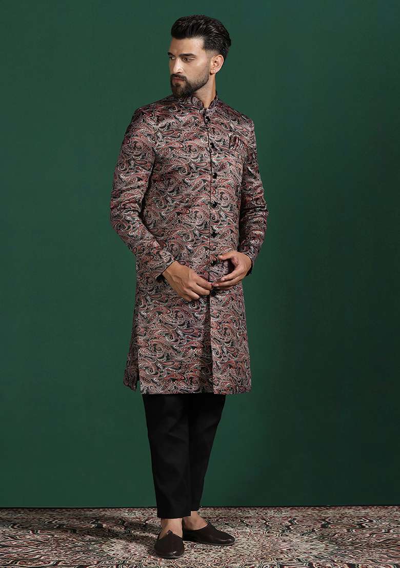 Maroon Paisley Cotton Blend Sherwani Set For Men - Indya