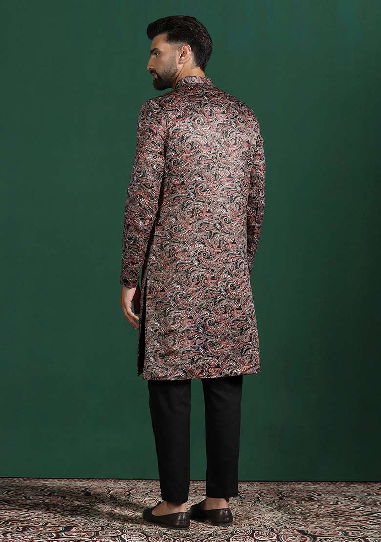 Maroon Paisley Cotton Blend Sherwani Set For Men - Indya