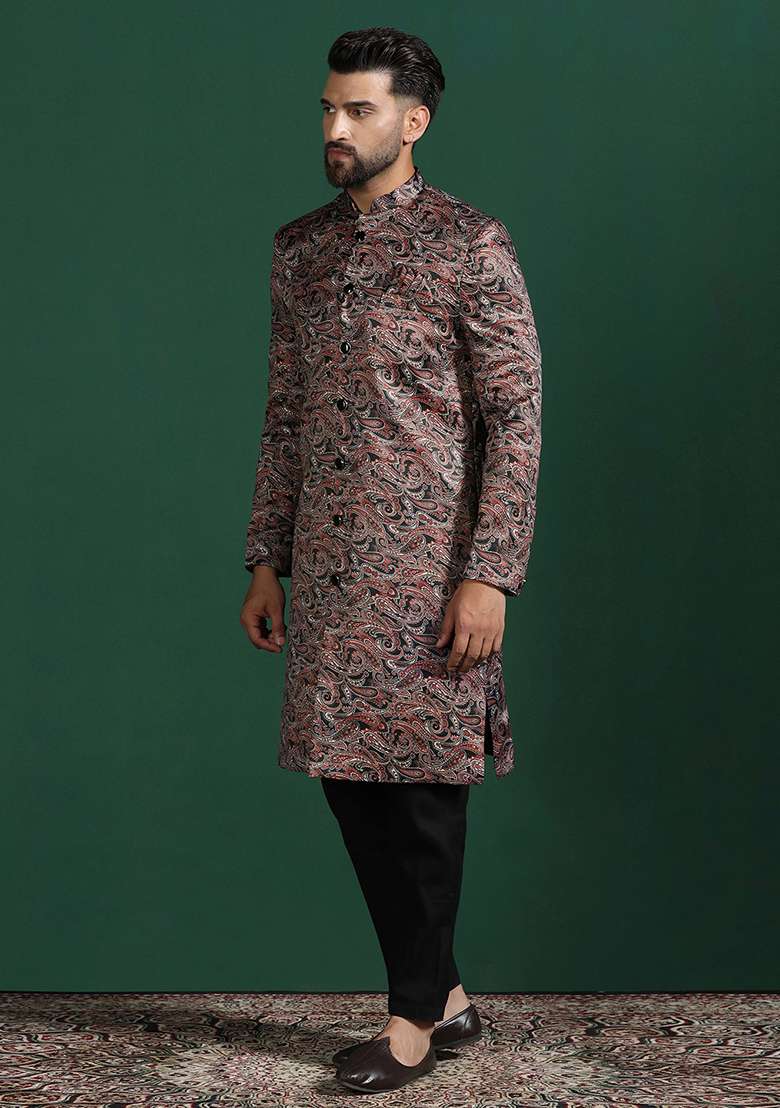 Maroon Paisley Cotton Blend Sherwani Set For Men - Indya