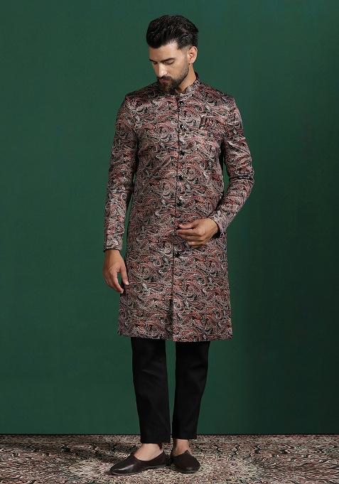 Maroon Paisley Cotton Blend Sherwani Set For Men