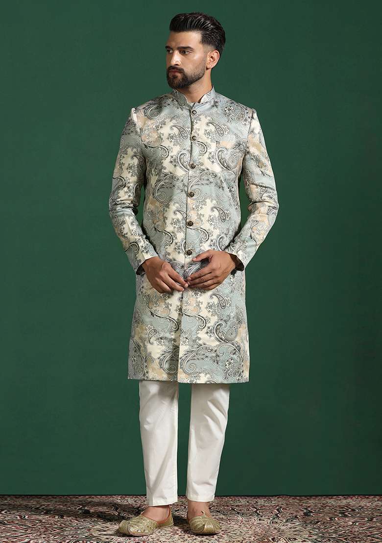 Grey Paisley Cotton Blend Sherwani Set For Men - Indya