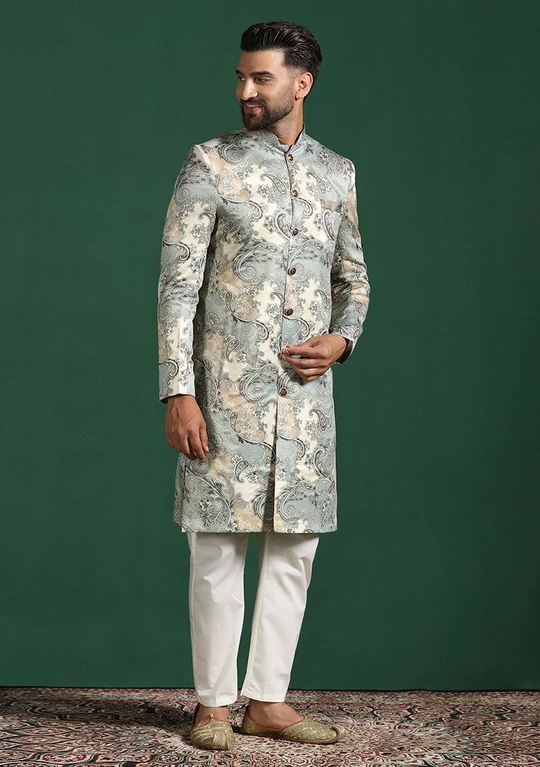 Grey Paisley Cotton Blend Sherwani Set For Men - Indya