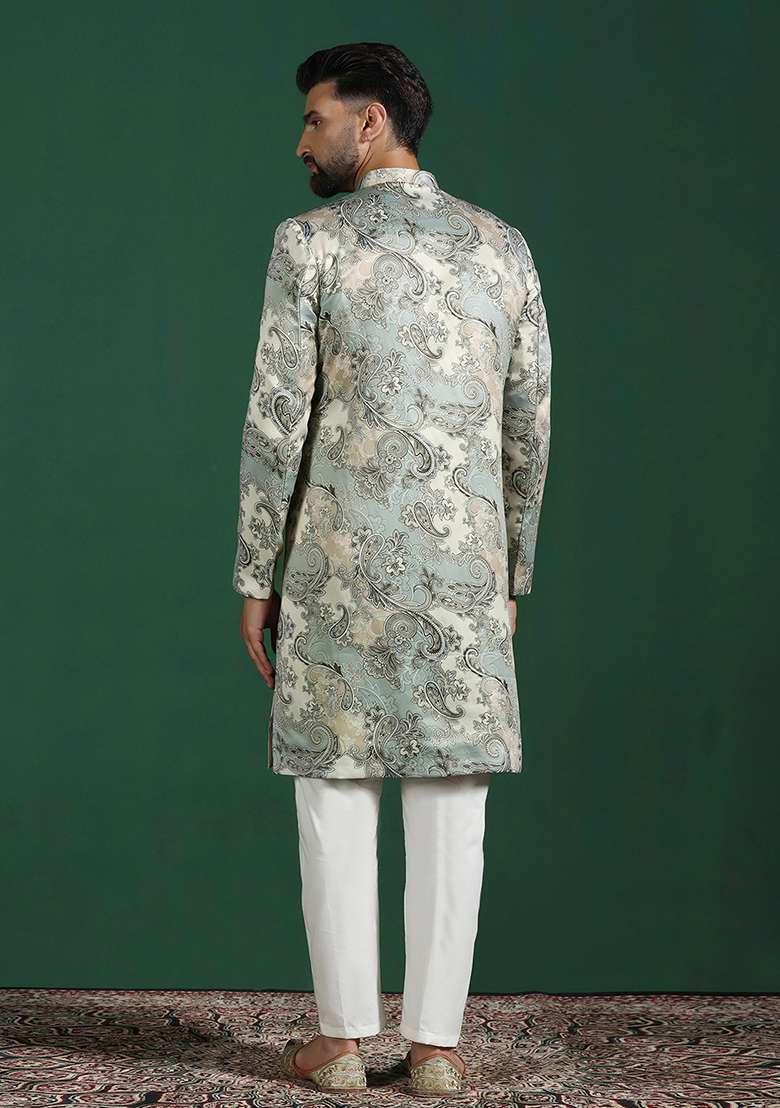 Grey Paisley Cotton Blend Sherwani Set For Men - Indya