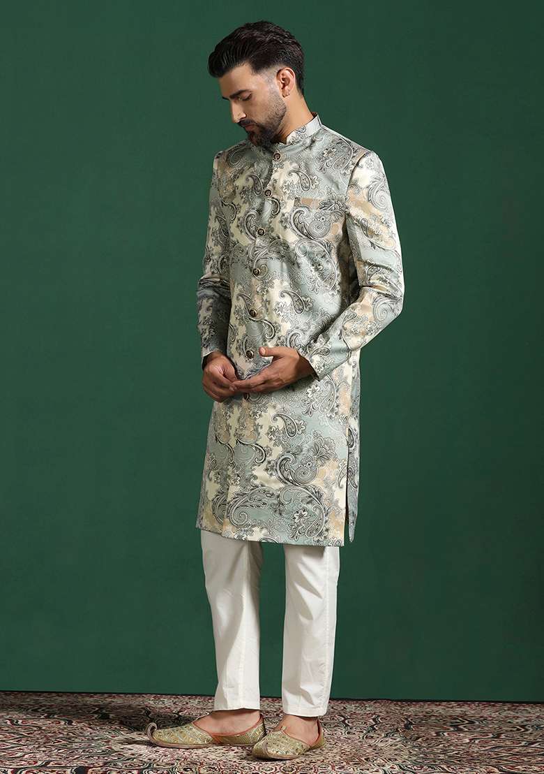 Grey Paisley Cotton Blend Sherwani Set For Men - Indya