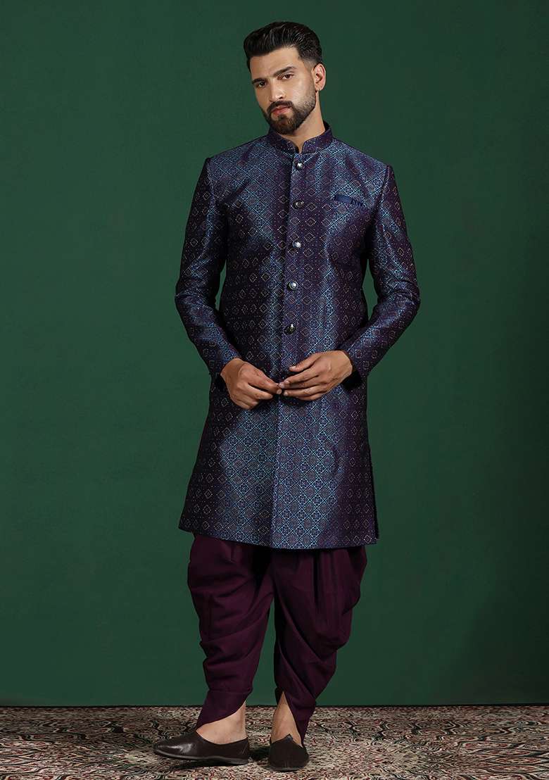 Navy Blue Embroidery Jacquard Sherwani Set For Men - Indya