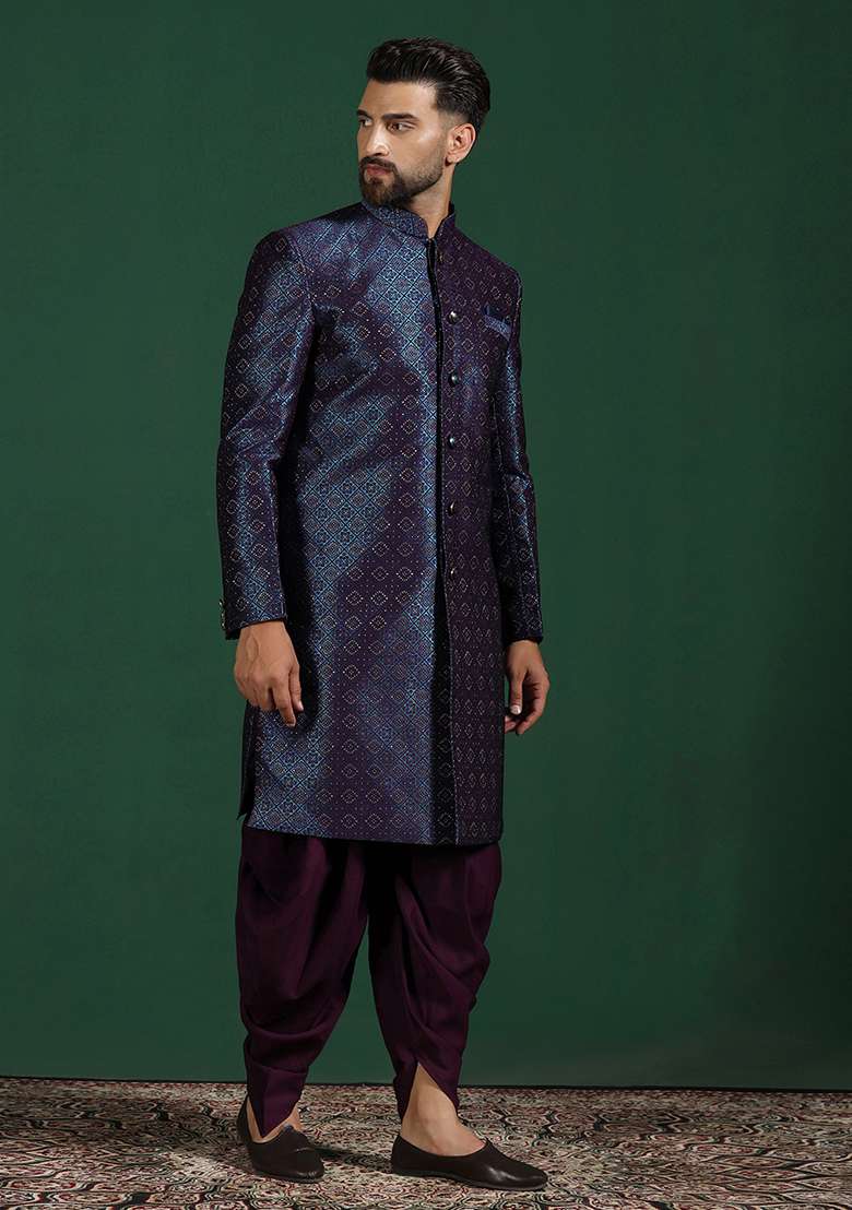 Navy Blue Embroidery Jacquard Sherwani Set For Men - Indya