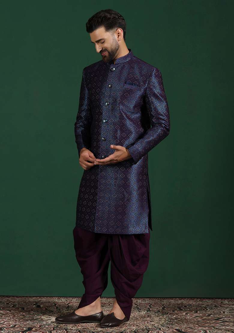 Navy Blue Embroidery Jacquard Sherwani Set For Men - Indya