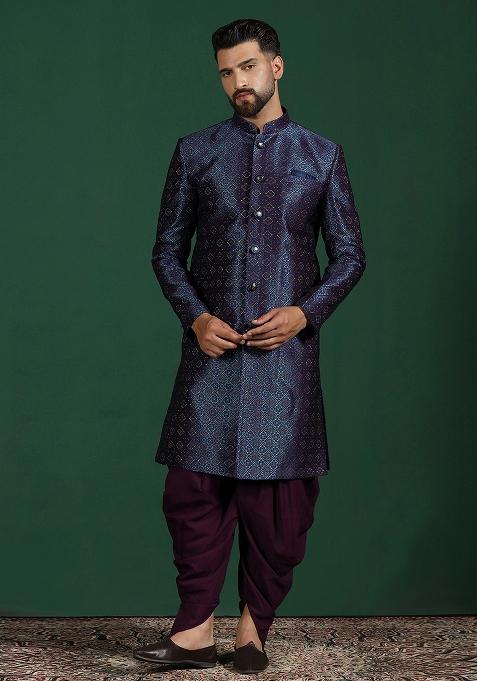 Navy Blue Embroidery Jacquard Sherwani Set For Men