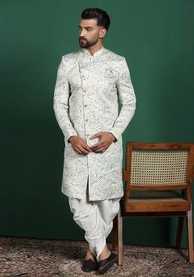 Cream Paisley Cotton Blend Sherwani Set For Men