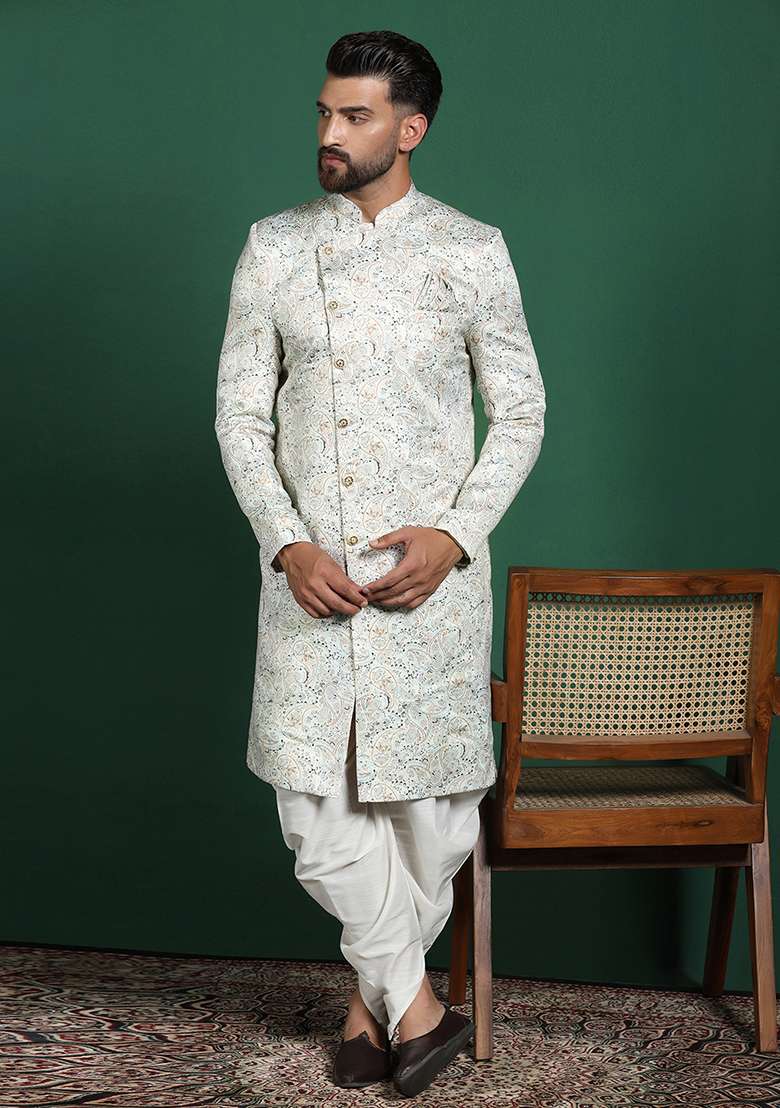 Cream Paisley Cotton Blend Sherwani Set For Men - Indya