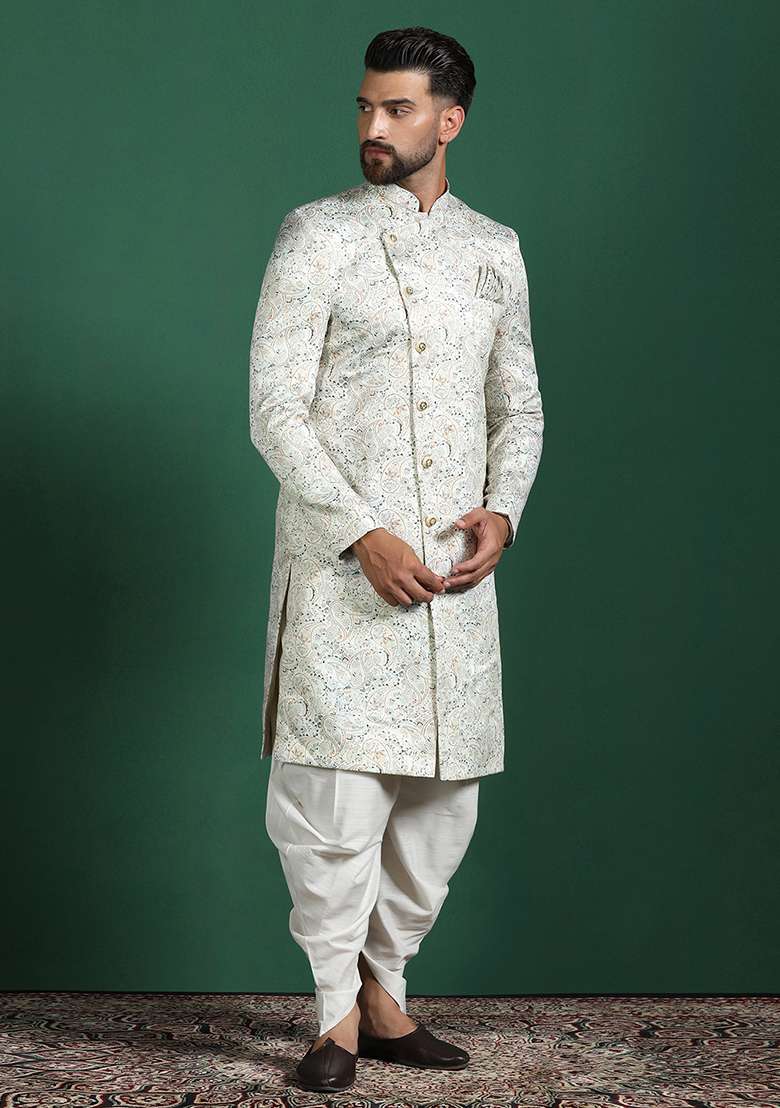 Cream Paisley Cotton Blend Sherwani Set For Men - Indya