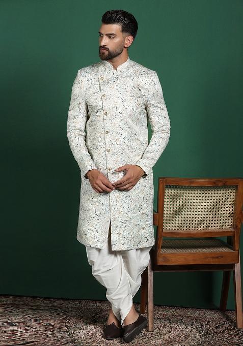 Cream Paisley Cotton Blend Sherwani Set For Men