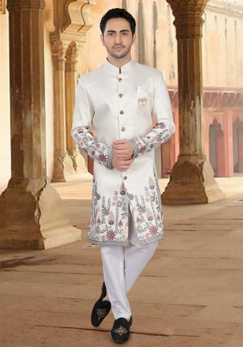 Cream Motif Silk Indowestern For Man