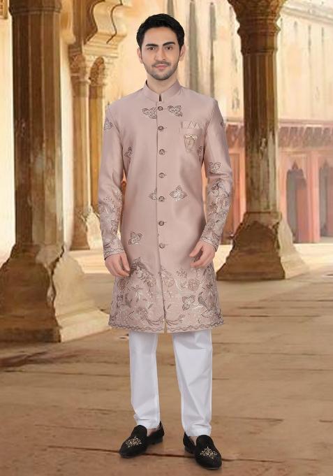 Metalic Pink  Motif Silk Indowestern For Man