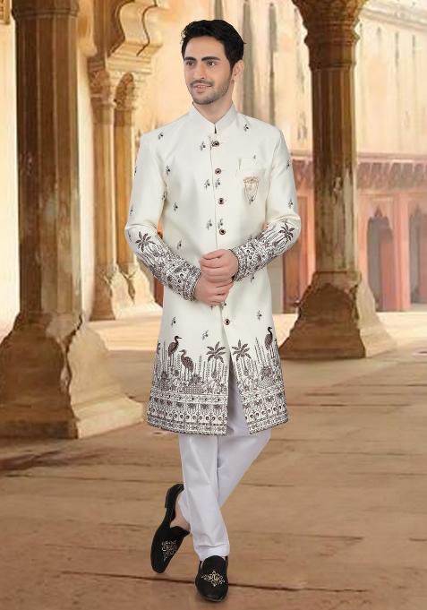 Cream Motif Malia Silk Indowestern For Man