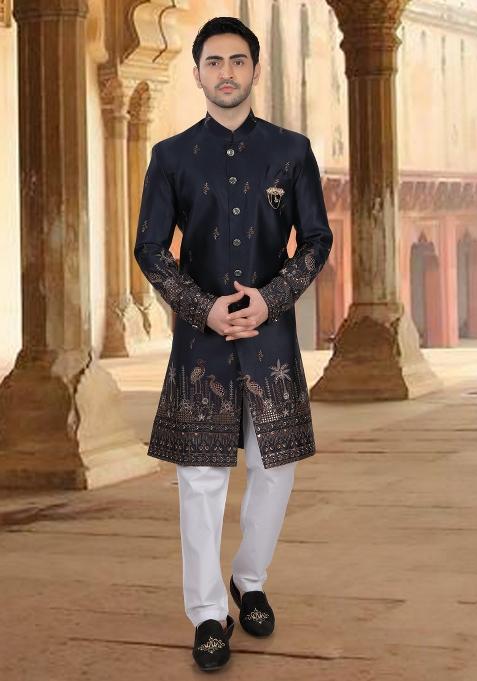 Blue Motif Malia Silk Indowestern For Man