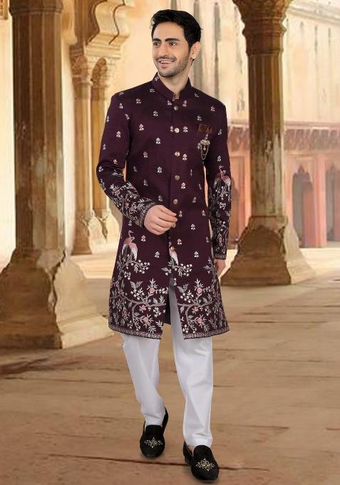 Wine Motif Silk Indowestern For Man