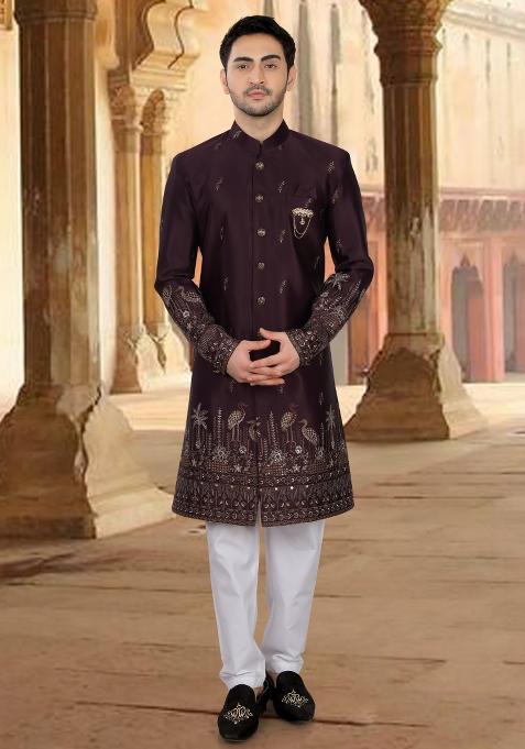 Wine Motif Malia Silk Indowestern For Man