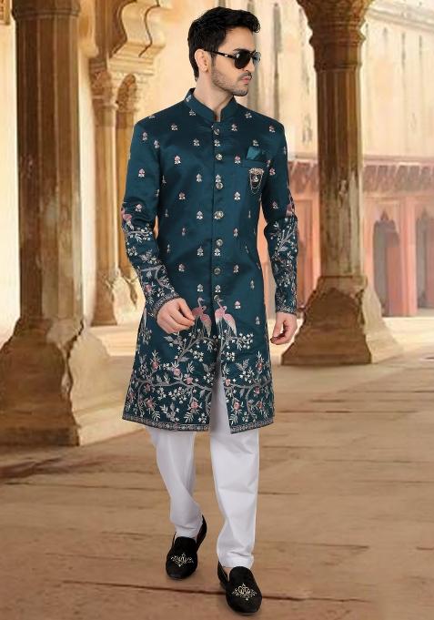 Blue Motif Silk Indowestern For Man