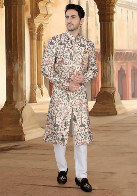 Cream Motif Malia Silk Sherwani For Men