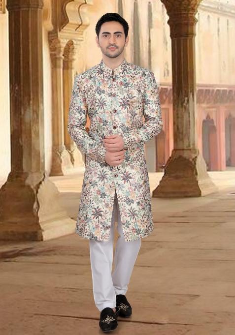 Cream Motif Malia Silk Sherwani For Men