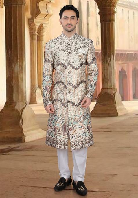 Cream Motif Malia Silk Sherwani For Men