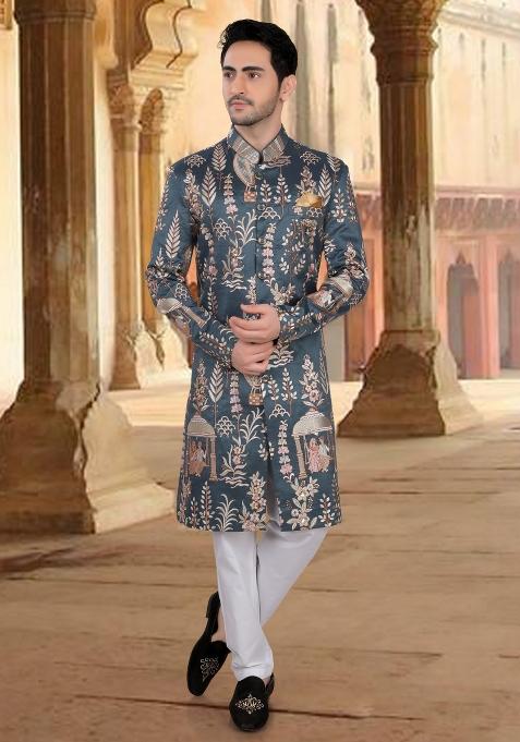 Bluish Grey Motif Silk Sherwani For Men