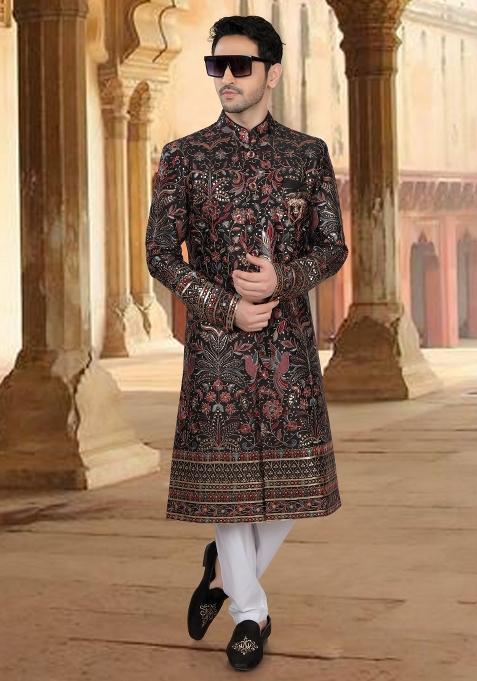 Black Motif Silk Sherwani For Men
