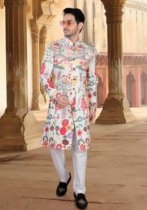 White Motif Silk Indowestern For Man