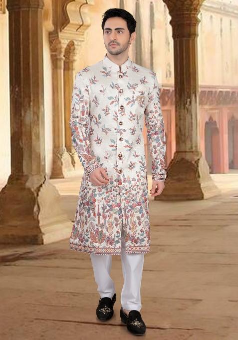 Cream Motif Silk Sherwani For Men